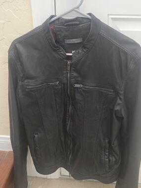 John Varvatos Brando Band Collar Moto Jacket. Black Leather Bomber Jacket